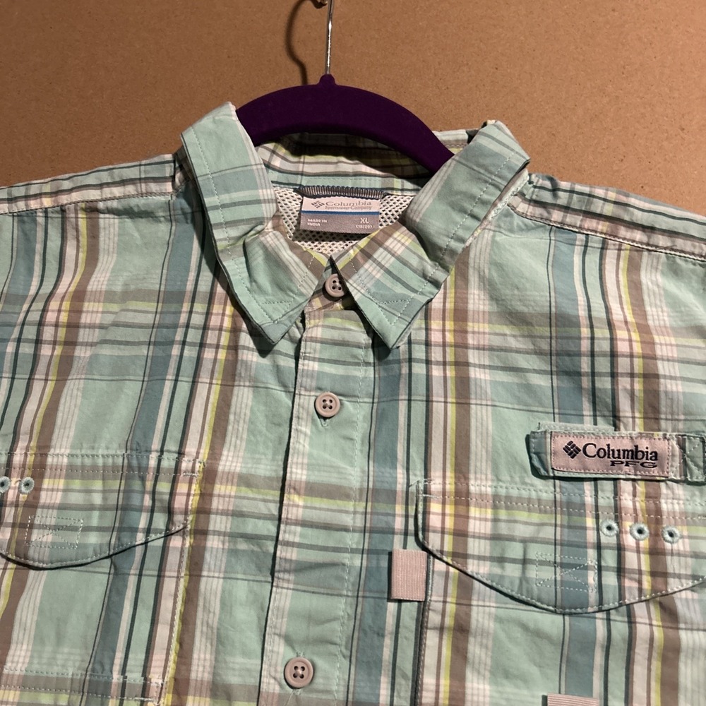 Columbia PFG Youth Boys Short Sleeve Fishing Shirt XL Teal Plaid